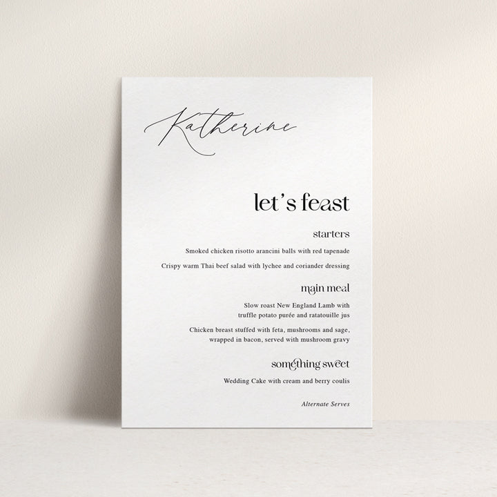 Professionally designed wedding menu in black and white with guest name printing. Printed in Australia.