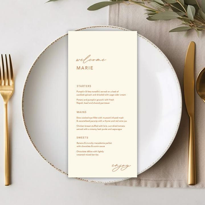 Modern wedding menu with guest name printing. Cinnamon neutral ink colour on cream card. cardstock. 