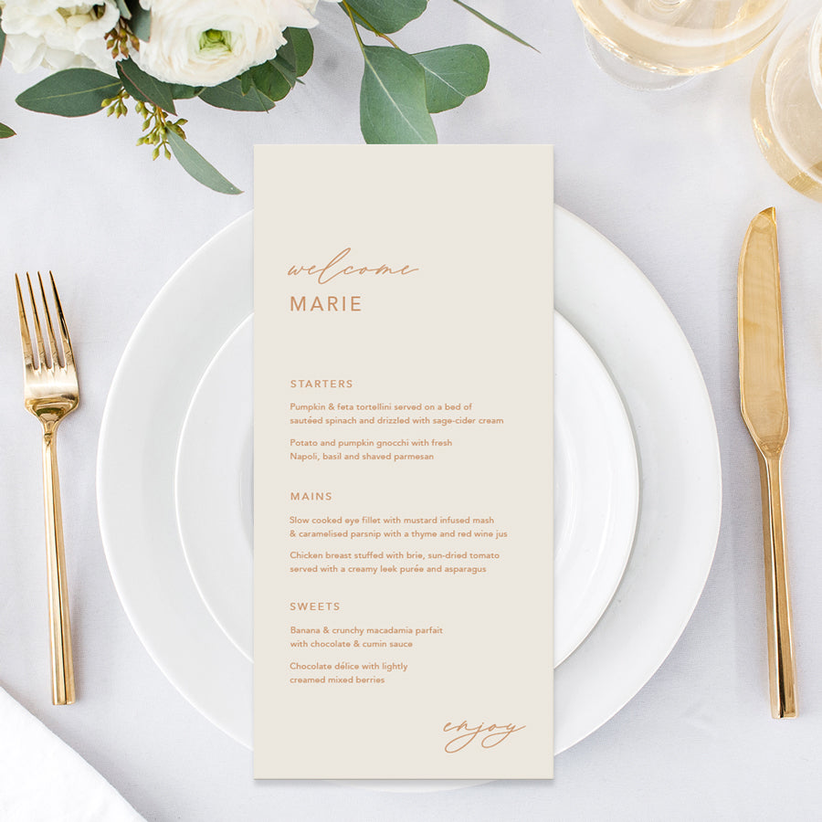 Wedding menu printed in Australia on almond cardstock with cinnamon ink and guest name printing. Minimal wedding menu design.