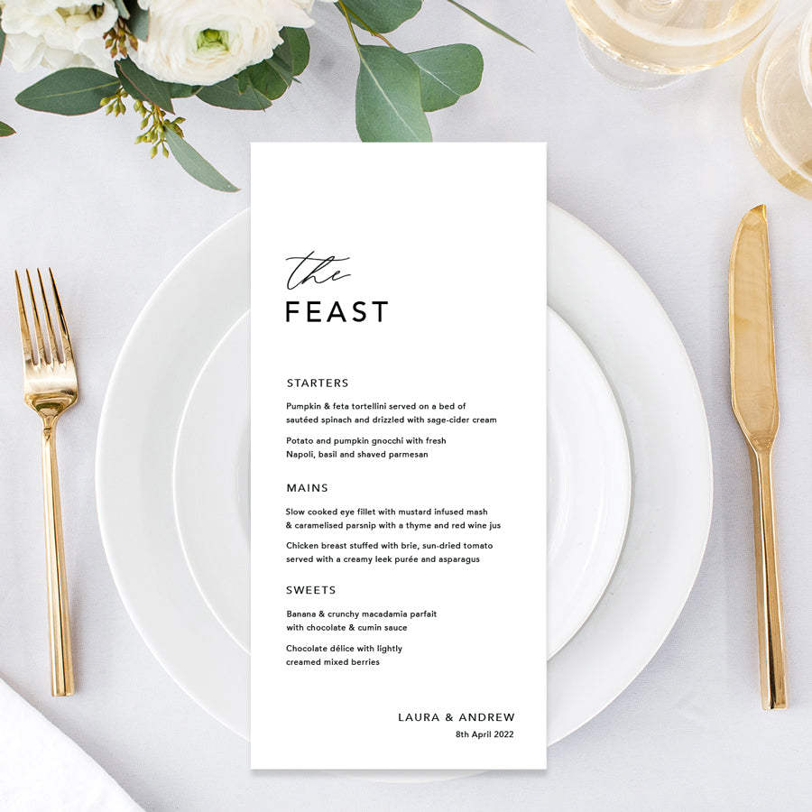 Wedding menu printed in Australia. Black ink on white cardstock. The feast heading.  Minimal wedding menu design.