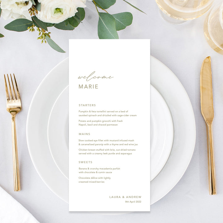 Wedding menu printed in Australia on white card with green ink. Includes guest name printing. Minimal wedding menu design.