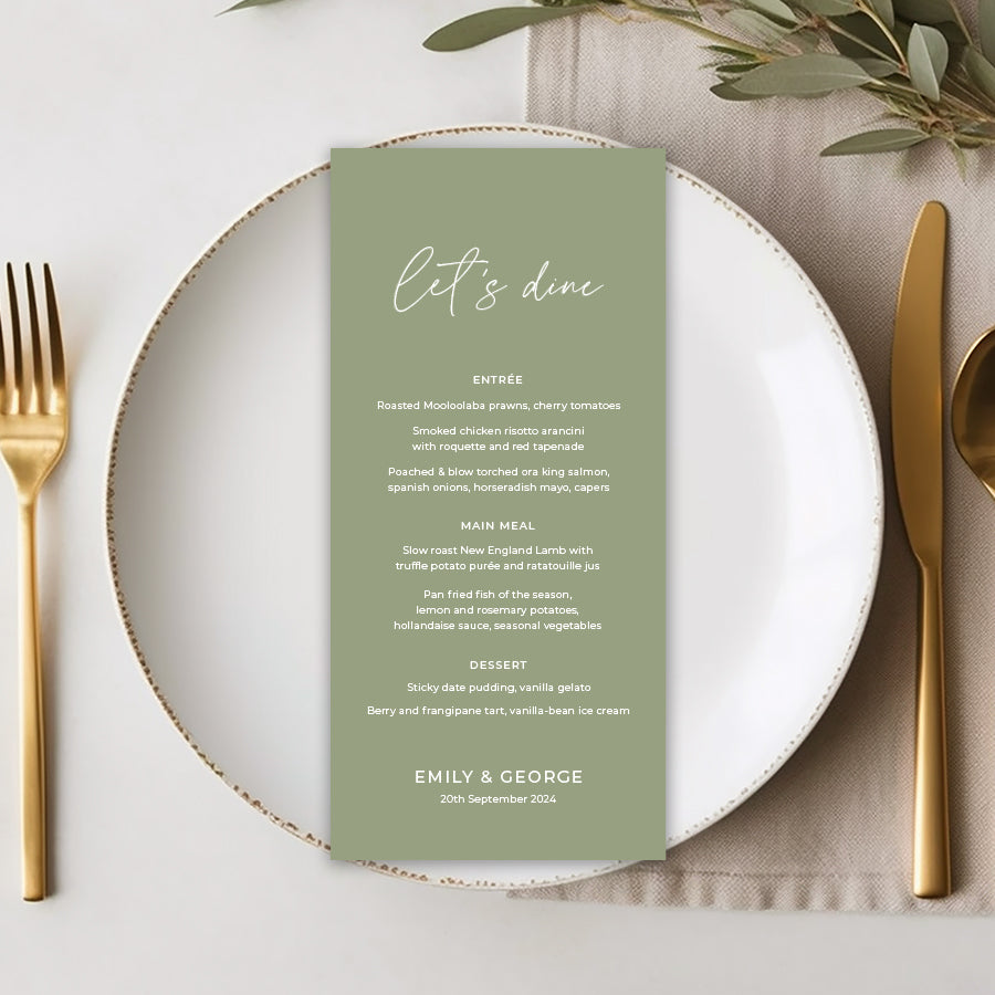 Natural green and white wedding menu with lets dine heading. Peach Perfect Australia.