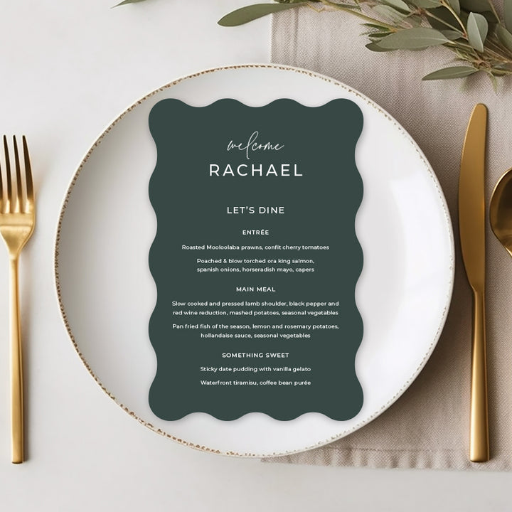 Wavy shape wedding menu with welcome and guest names printed on each. Peach Perfect Australia.