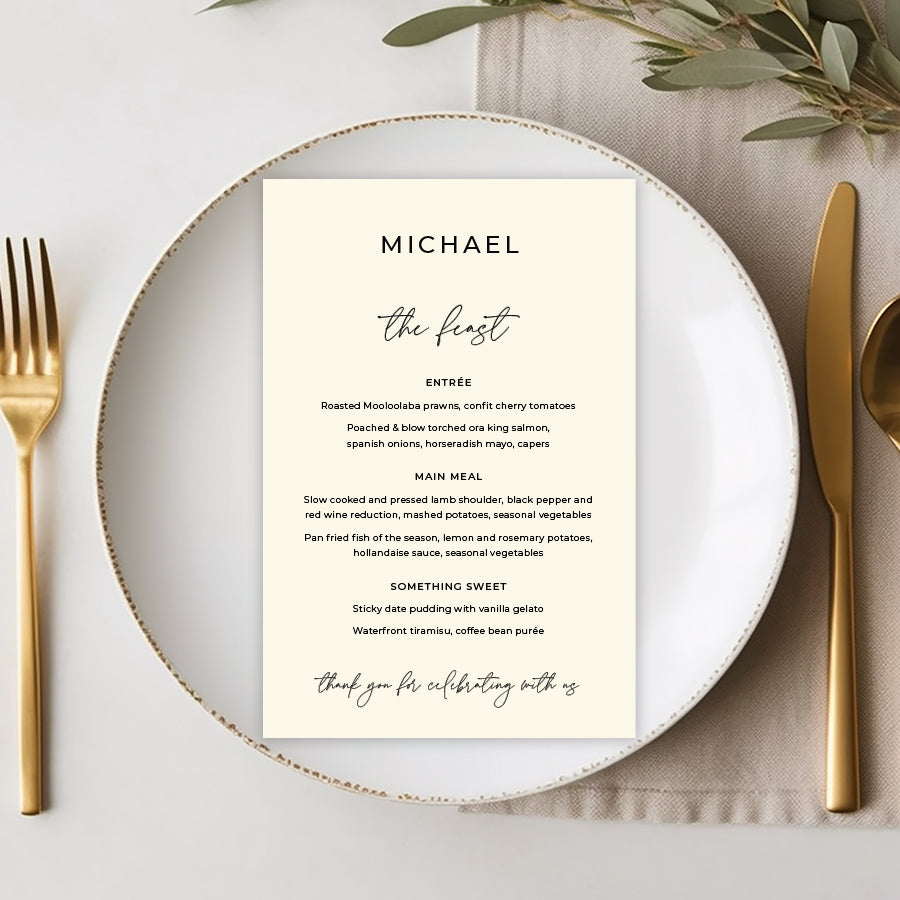 Cream wedding menu with the feast heading and guest names printed on each. Peach Perfect Australia.