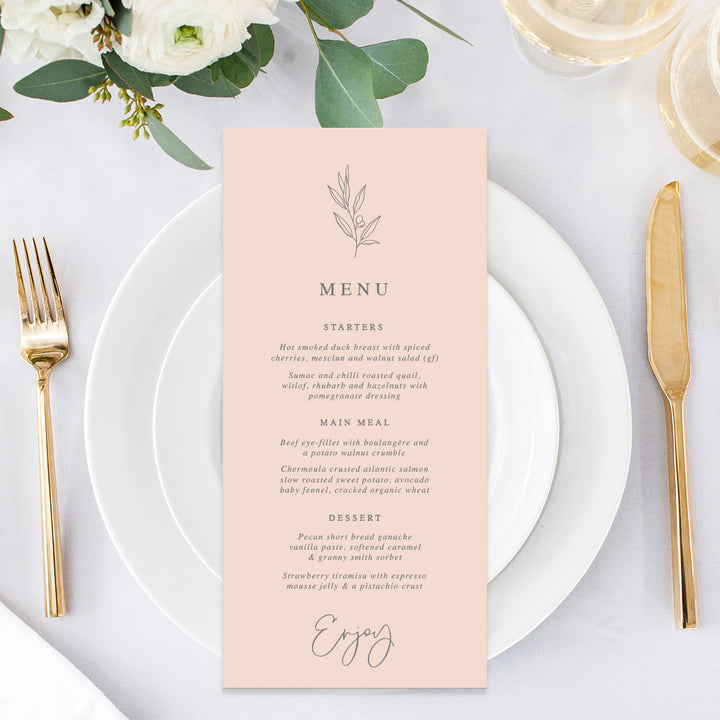 Wedding menu printed on blush pink card with olive branch leaves. Peach Perfect Australia.