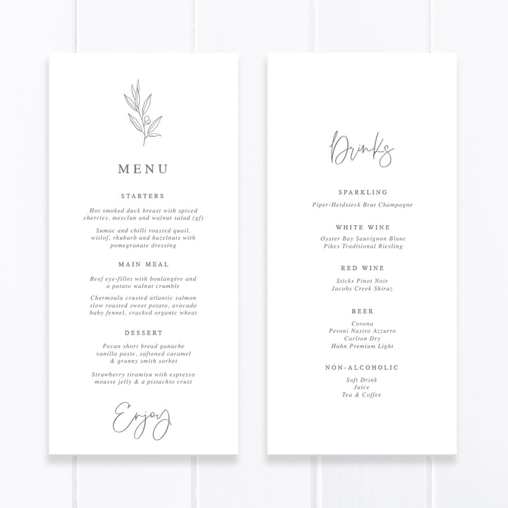 Double sided wedding menu printed on white card with olive branch leaves. Peach Perfect Australia.