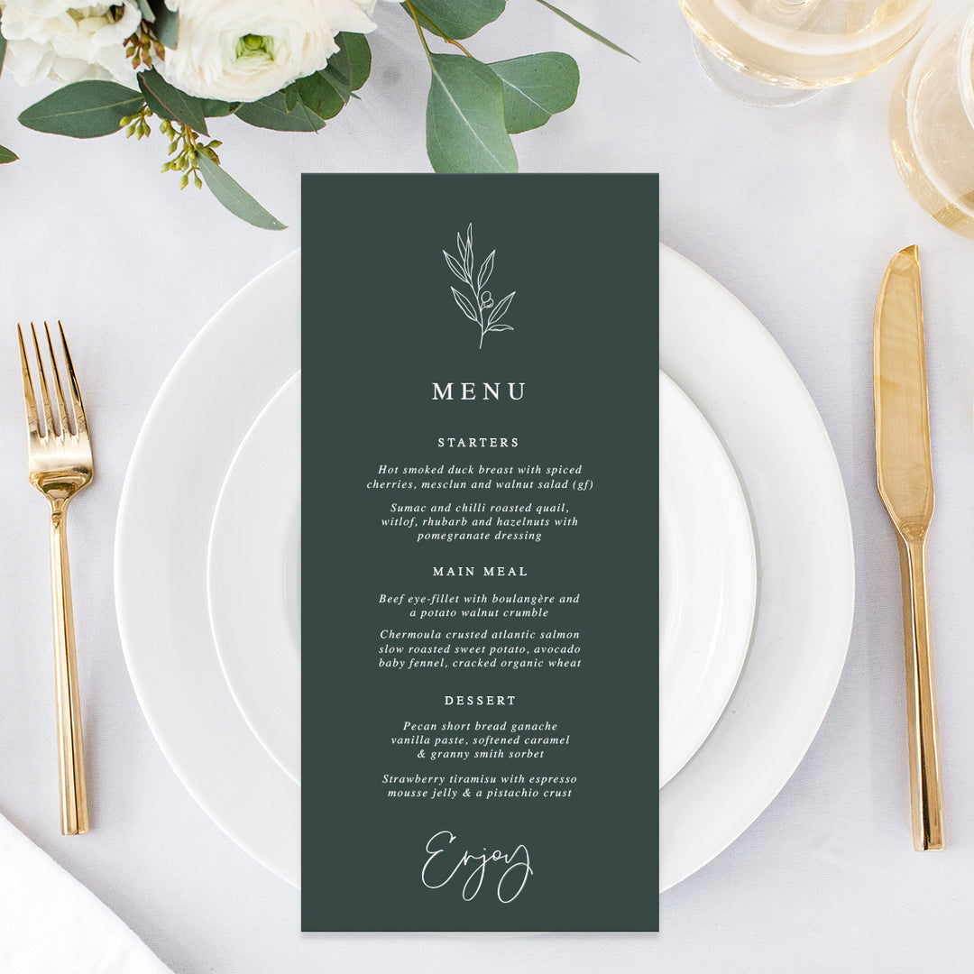 Wedding menu printed on green card with olive branch leaves. Peach Perfect Australia.