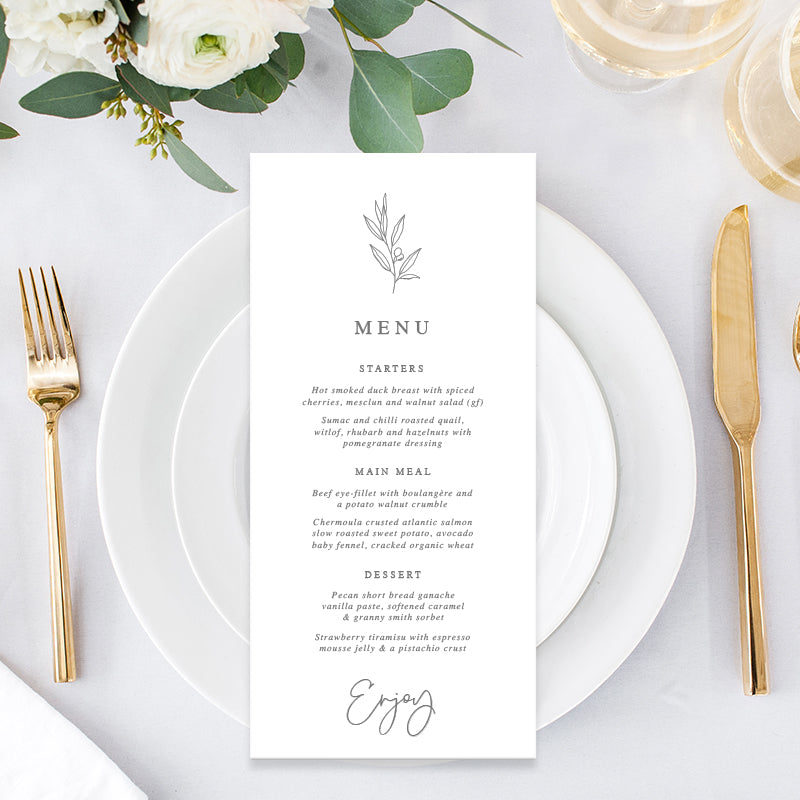 Wedding menu printed on white card with olive branch leaves. Peach Perfect Australia.