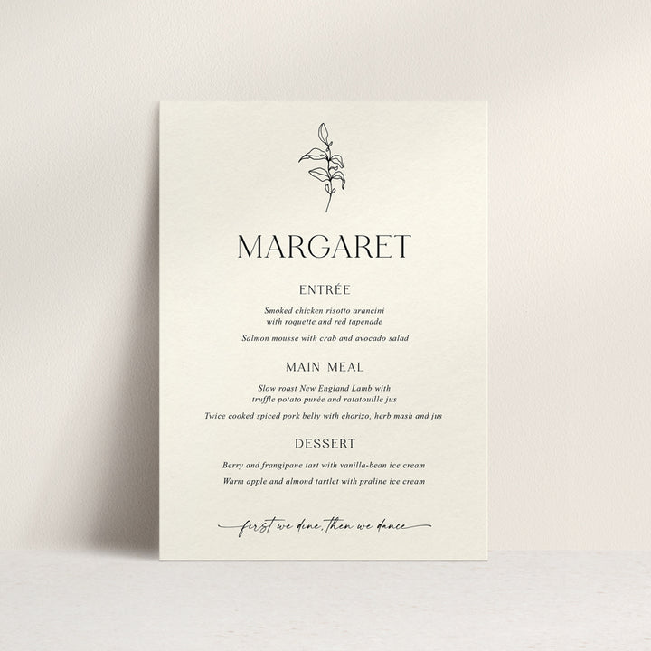 Monogram wedding menu with hand drawn leaf. Cream and black neutral colours. Peach Perfect Australia.