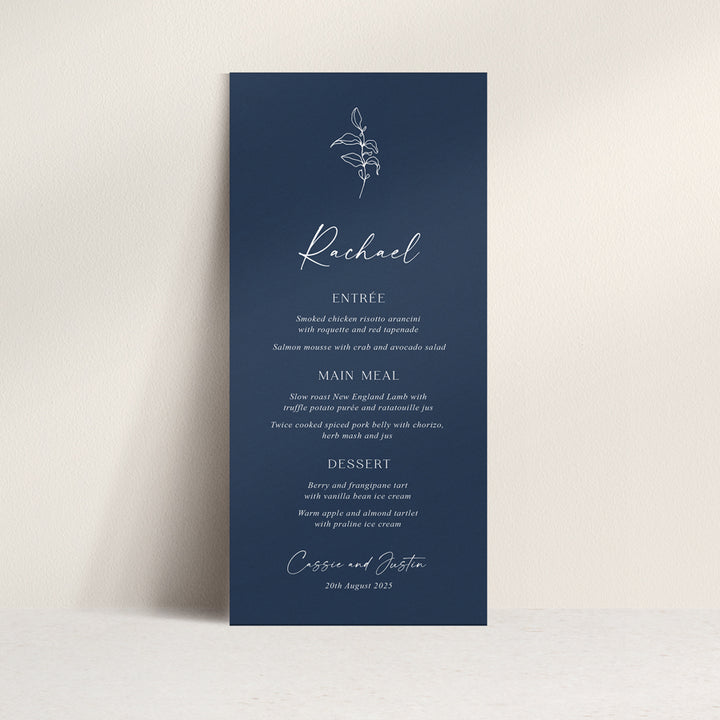 Monogram wedding menu with hand drawn leaf. Navy blue and white neutral colours. Peach Perfect Australia.