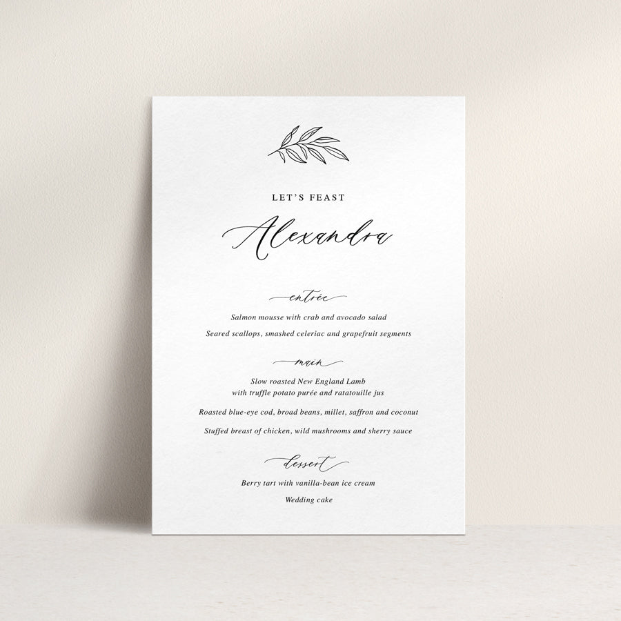 Wedding menu with traditional calligraphy font and hand drawn leaf detail with guest name printing. Peach Perfect Australia.