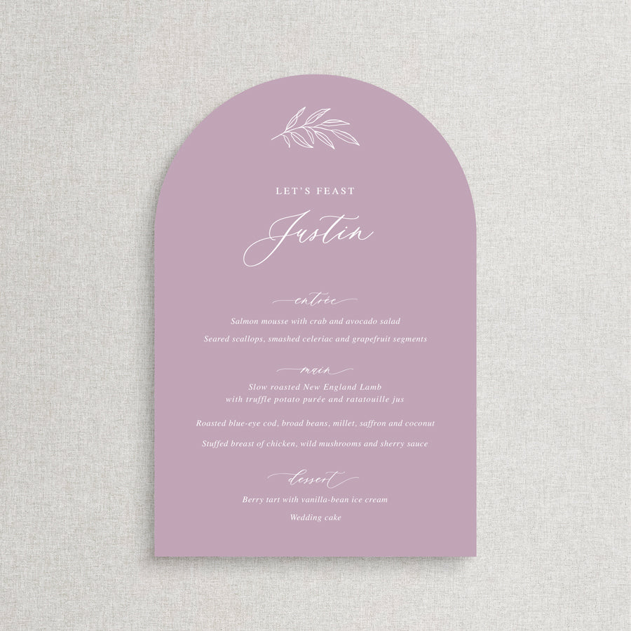 Arch wedding menu with traditional calligraphy font and hand drawn leaf detail. Mauve and white, with guest name printing. Peach Perfect Australia.