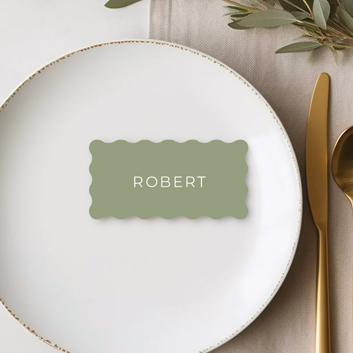 Wavy shape wedding place cards, white ink on green card. Simplistic design. Australia.