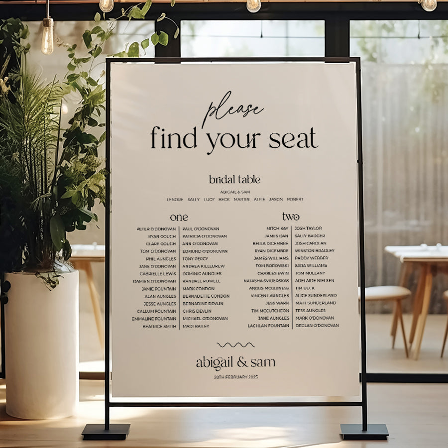 Modern black and white wedding seating chart. Printed on foamboard or acrylic in Australia.