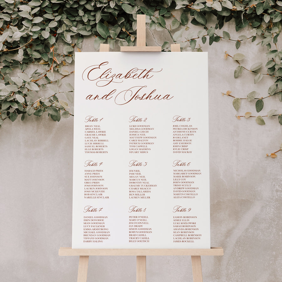 Wedding seating chart with traditional formal calligraphy style designed and printed in Australia.
