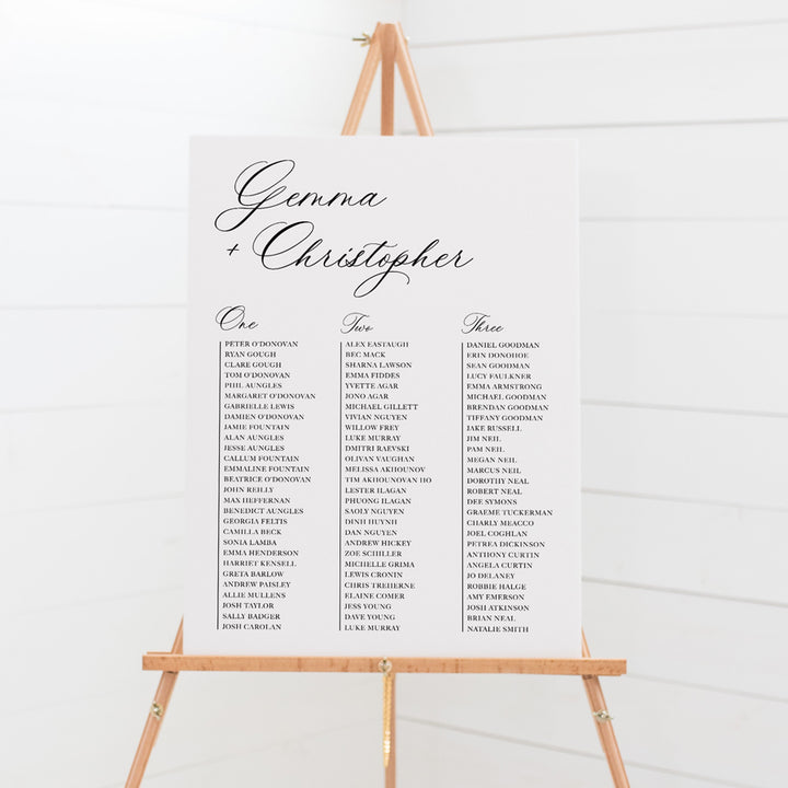 Wedding seating chart with traditional formal calligraphy style designed and printed in Australia.
