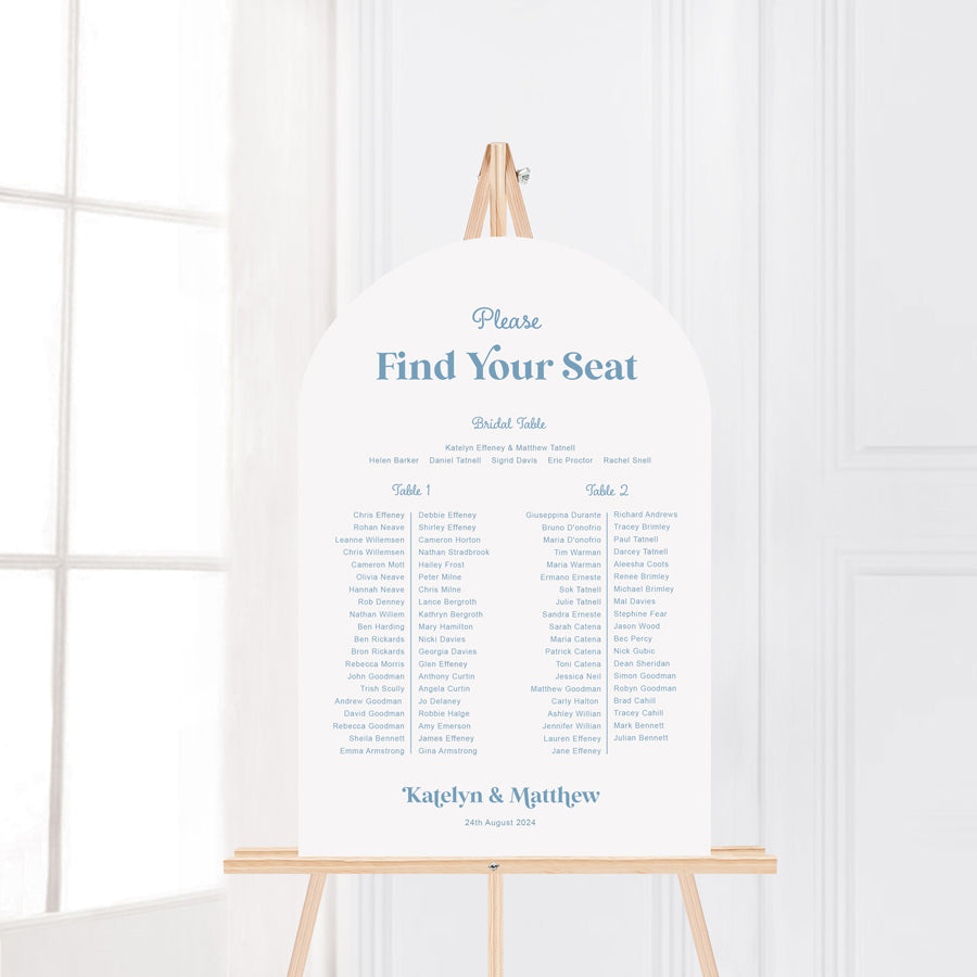 Arch shape retro wedding seating chart in blue and white colour theme. Peach Perfect Australia.