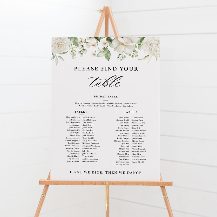 Wedding seating chart with white florals and calligraphy, designed and printed in Australia on PVC board or acrylic.