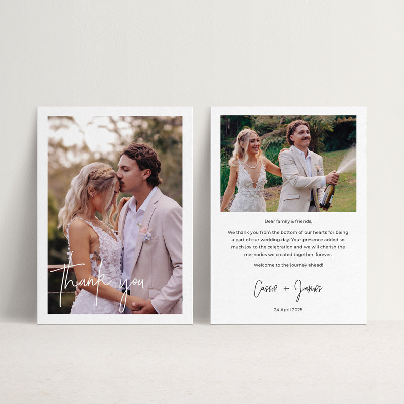 Photo wedding thank you card designed and printed in Australia showing 2 photos in modern style. Peach Perfect Stationery.