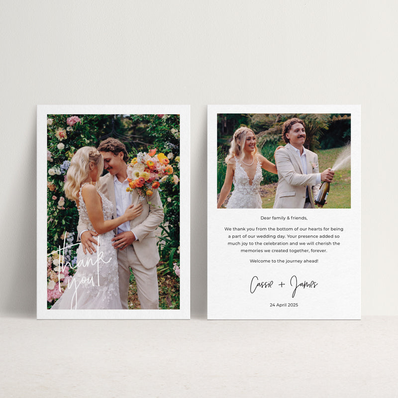 Photo wedding thank you card designed and printed in Australia showing 2 photos in modern style. Peach Perfect Stationery.