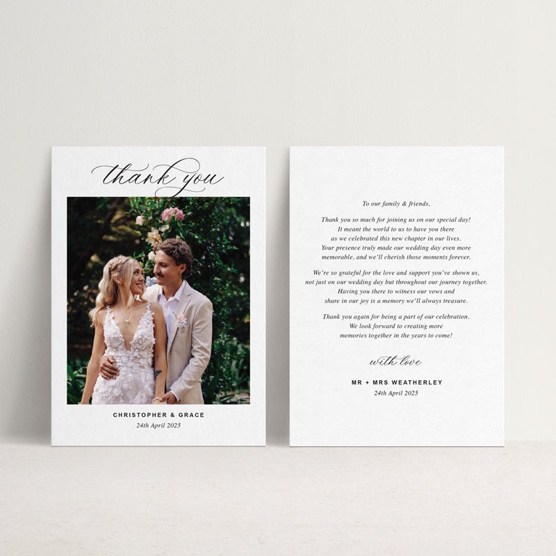 Elegant calligraphy wedding thank you card professionally designed and printed with your wedding photo and personalised message. Printed in Australia with free envelopes.