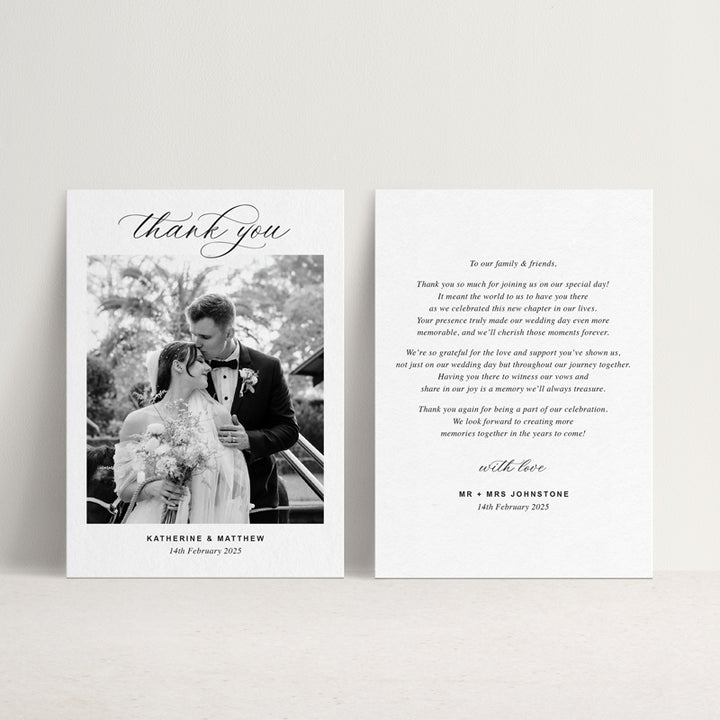 Elegant calligraphy wedding thank you card professionally designed and printed with a black and white photo. Printed in Australia with free envelopes.