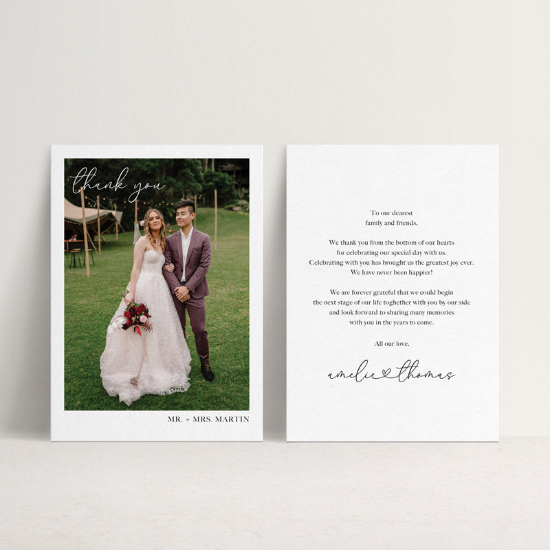 Elegant calligraph wedding thank you cards with your photo and printed personalised message. Designed and printed in Australia with free envelopes.