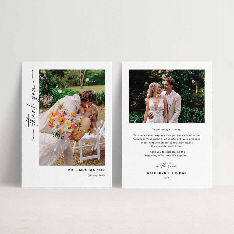 Beautiful wedding thank you photo cards designed and printed in Australia with two photos and your personalised message. Free envelopes.