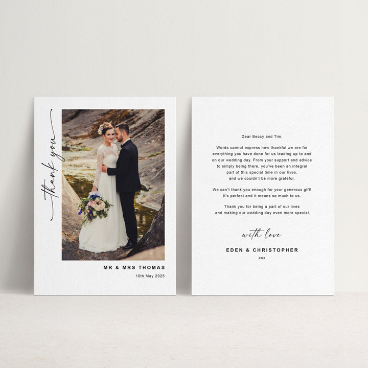 Beautiful wedding thank you photo cards designed and printed in Australia with your photo and your personalised message. Free envelopes.