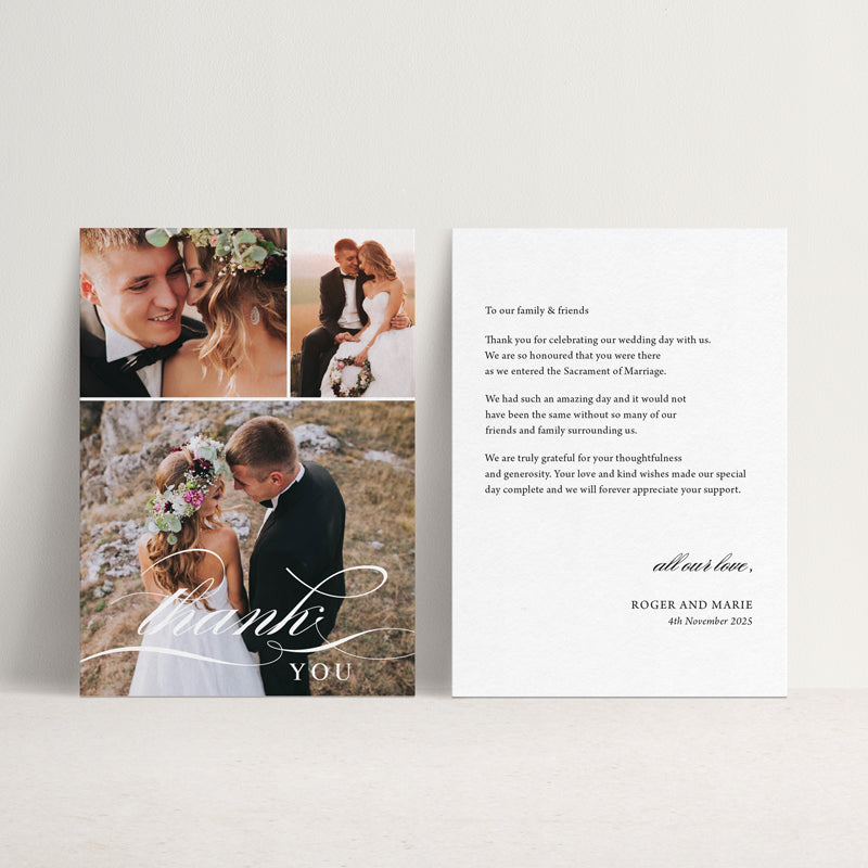 Elegant calligraph wedding thank you cards with multiple photos. Designed and printed in Australia with free envelopes.