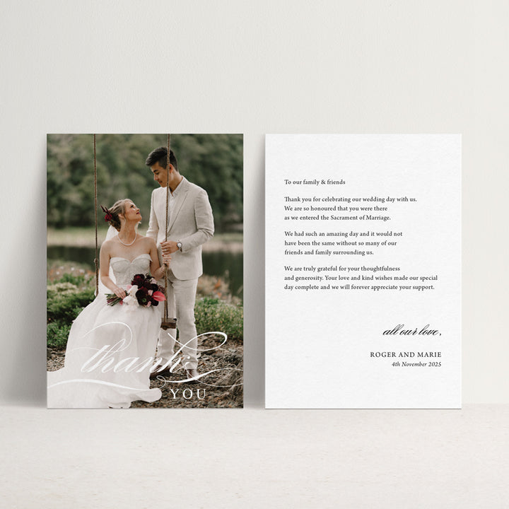 Elegant calligraph wedding thank you cards with your photos. Designed and printed in Australia with free envelopes.