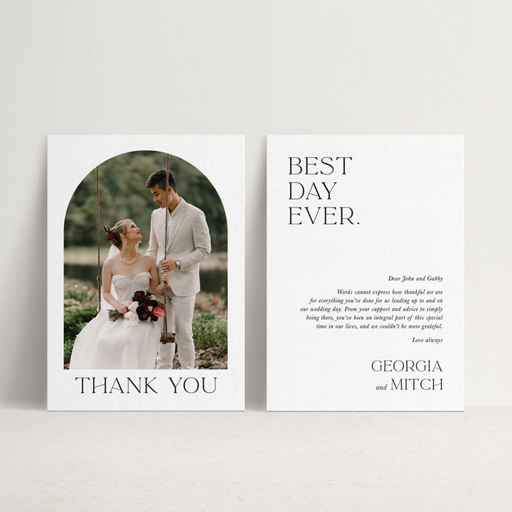 Modern arch shape wedding thank you cards with Best Day Ever heading and personalised printed message on the back. Printed in Australia.
