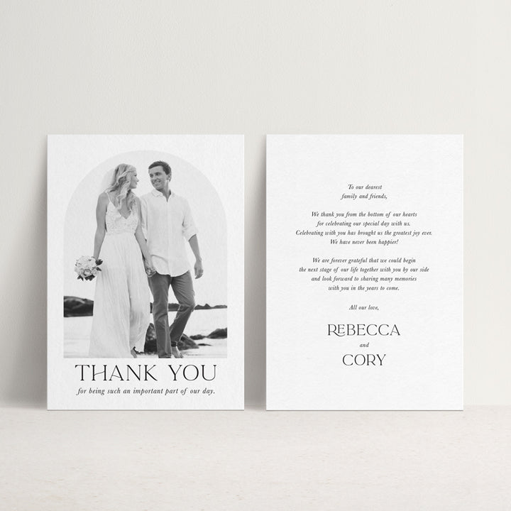 Modern arch shape wedding thank you cards with maximalist heading feature and personalised printed message on the back. Printed in Australia.
