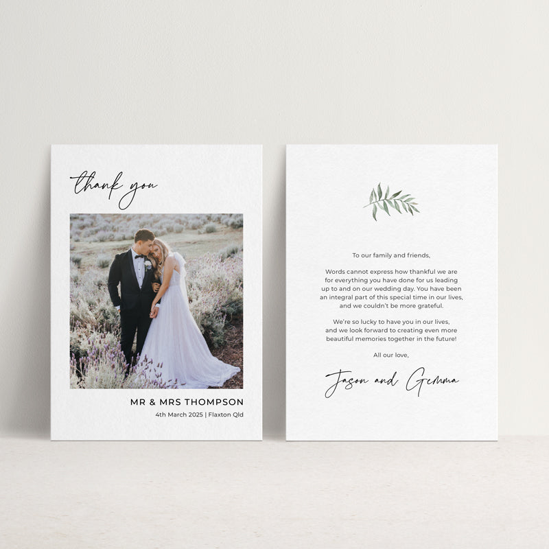 Romantic wedding thank you card with your photos and printed message or space to handwrite your own note. Printed in Australia.
