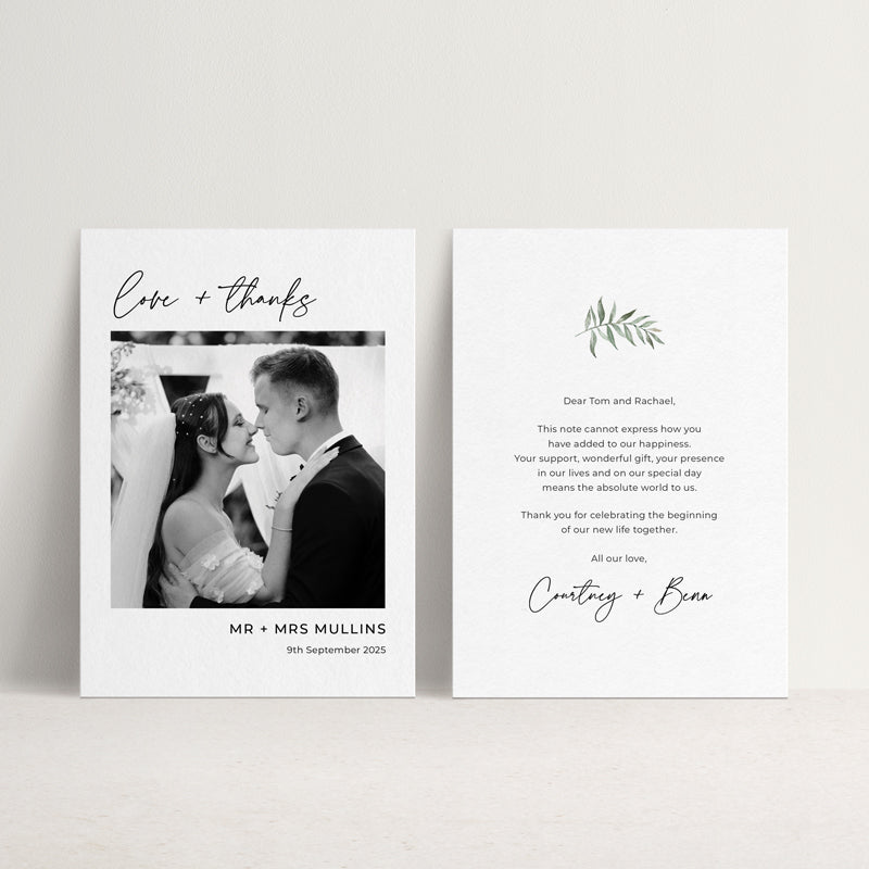 Romantic wedding thank you card with black and white photo with calligraphy and watercolour greenery. Includes your personalised message. Printed in Australia.