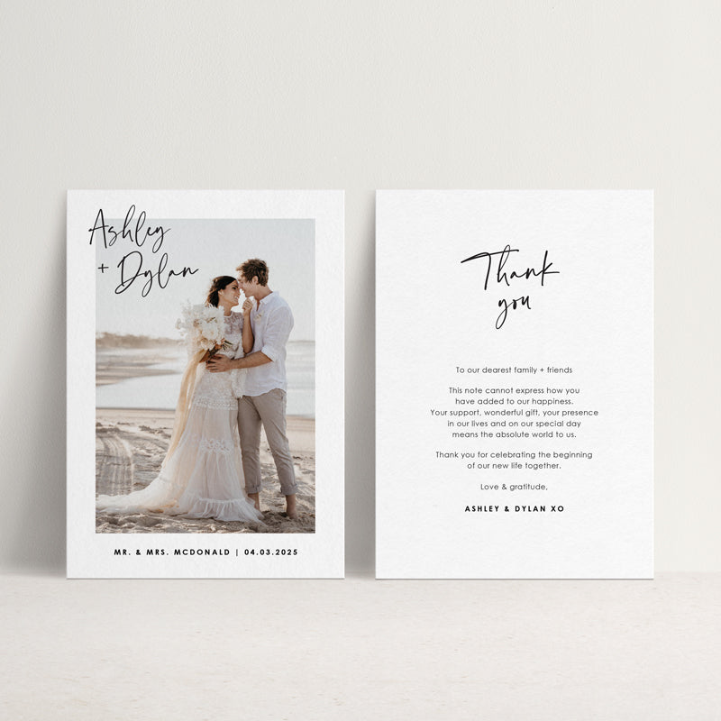 Photo wedding thank you card with modern font styles. Includes a personalised thank you message and is printed on premium silk cardstock in Australia. Peach Perfect.