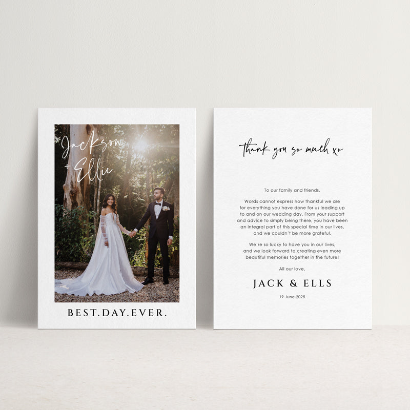 Photo wedding thank you card with modern font styles. Includes a personalised thank you message and is printed on premium silk cardstock in Australia. Peach Perfect.