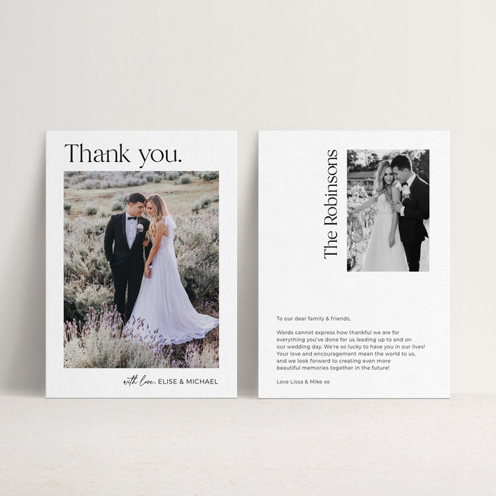 Photo wedding thank you card with modern font styles and bohemian tone. Personalised wording, two photos and message. Printed on premium silk cardstock in Australia.