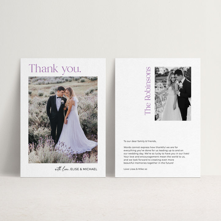 Photo wedding thank you card with modern font styles and bohemian tone. Personalised wording, two photos and message. Printed on premium silk cardstock in Australia.