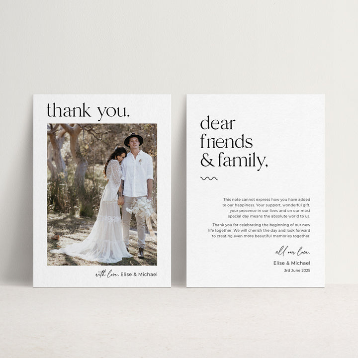 Modern wedding thank you card matching our Abigail suite with large maximalist font style and a boho photo. Printed in Australia.