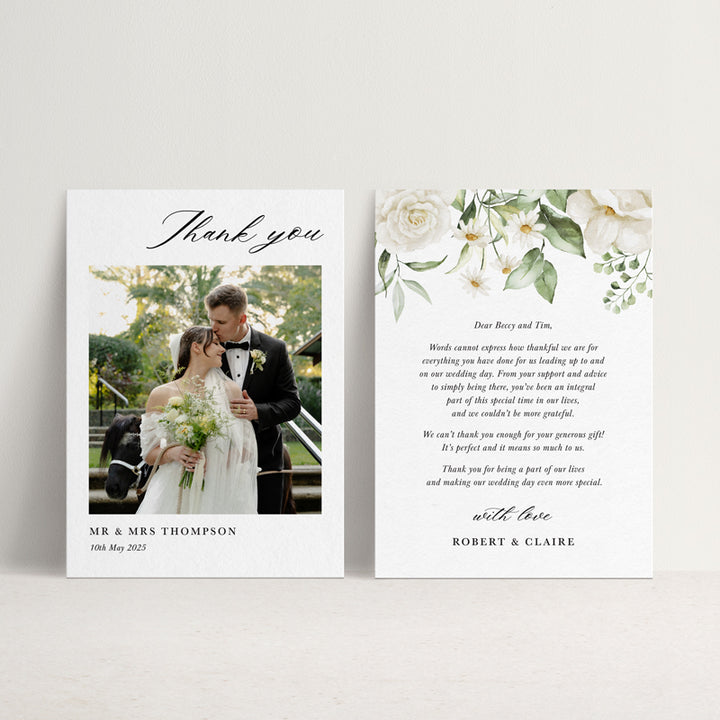 Beautiful wedding thank you card with your photo and personalised message on the back. White flowers and greenery in watercolour.