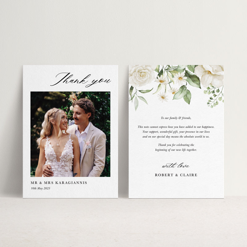 Beautiful wedding thank you card with your photo and personalised message on the back. White flowers and greenery in watercolour.