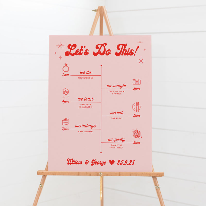 Retro theme wedding order of the day timeline sign. Designed and printed in Australia on foamboard or acrylic. Bright colours.