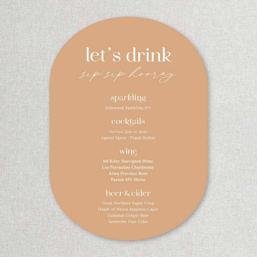 Modern wedding bar sign in double arch shape. Cinnamon background with white text. Sip sip hooray.