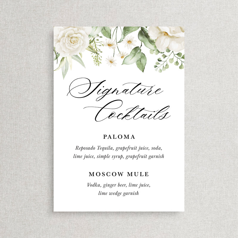 Wedding bar or cocktail sign with white florals and daisies in watercolour. Designed and printed in Australia. Signature Cocktails.