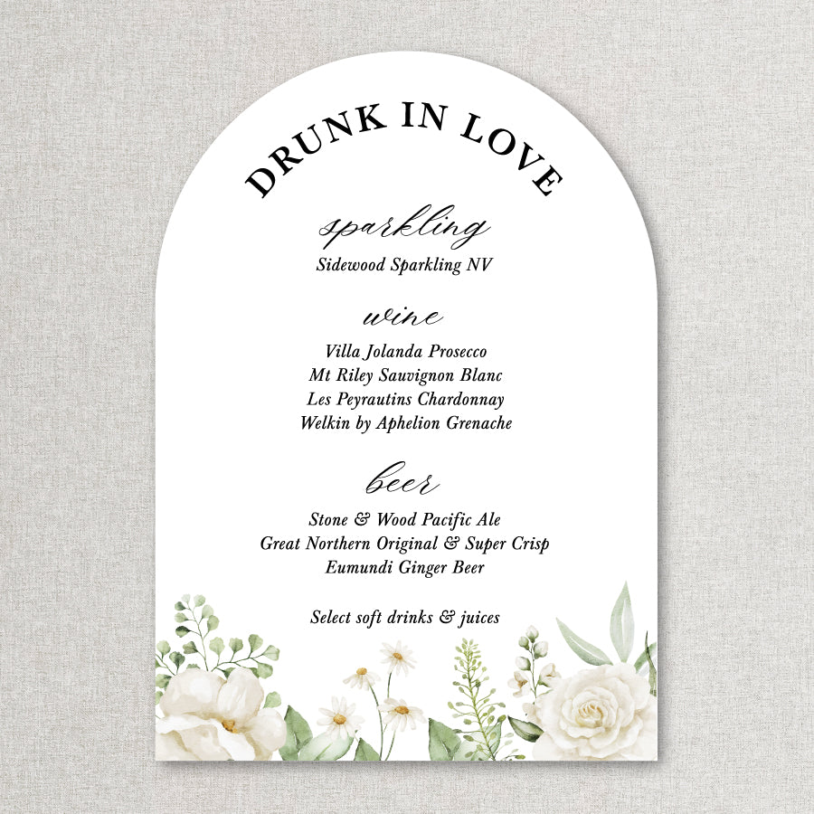 Wedding bar sign with white florals and daisies in watercolour and arch shape. Designed and printed in Australia.