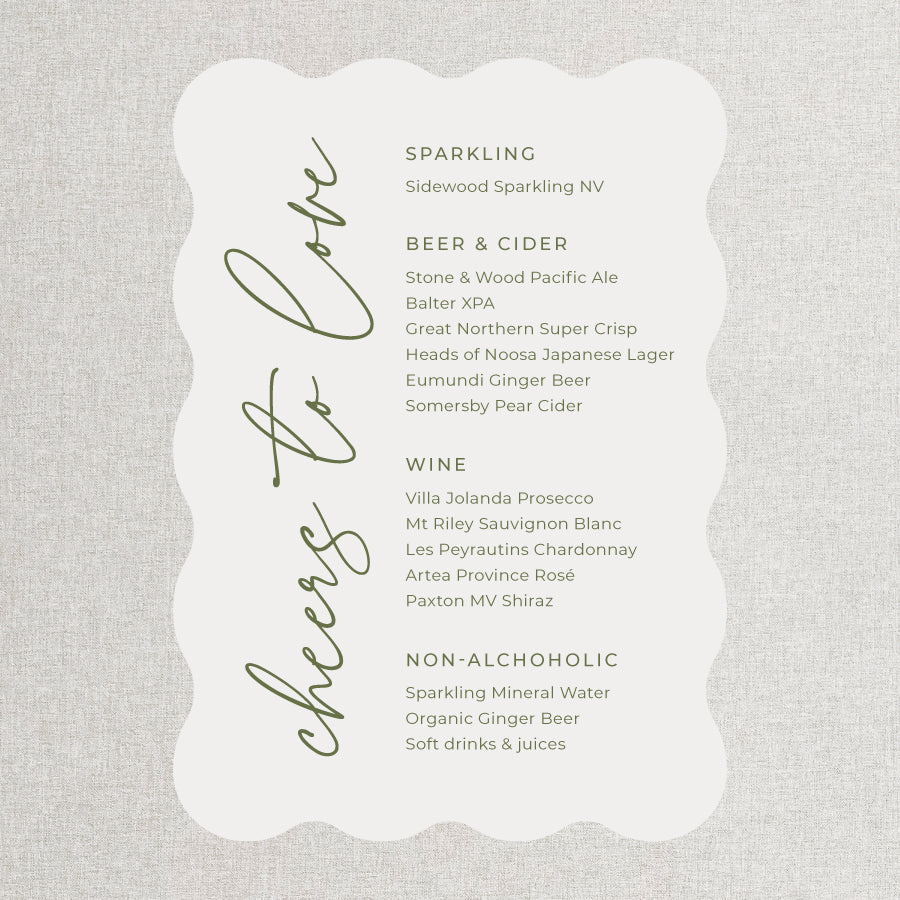 Wavy shape natural leaf wedding bar and beverages sign in green and white. Peach Perfect Australia.