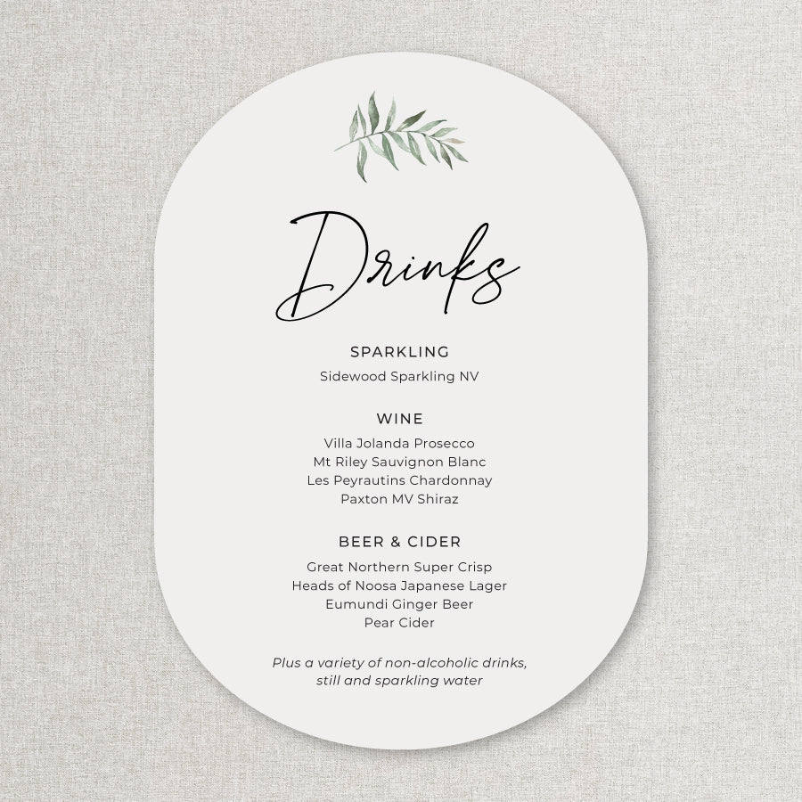 Double arch Natural leaf wedding bar and beverages sign in green and white. Peach Perfect Australia.