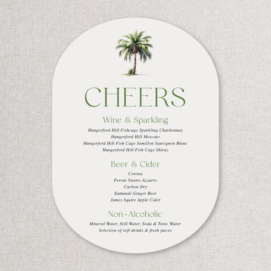 Arch shape wedding or event bar and beverages sign with watercolour tropical palm tree. Peach Perfect.