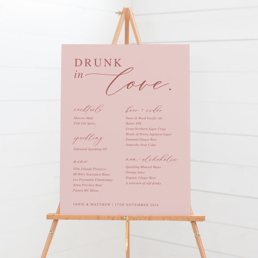 Large wedding bar or drinks sign with heading Drunk In Love. Calligraphy font. Printed in Australia.